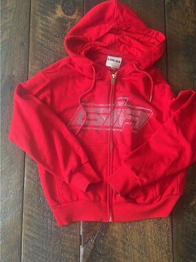 I.AM.GIA Red Rhinestone Logo Zip Hoodie
